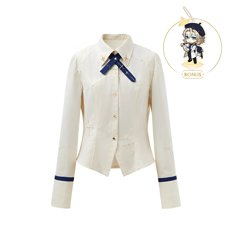 Front view of Genshin Impact Albedo waist-fitted shirt on white background featuring embroidered details and layered collar design