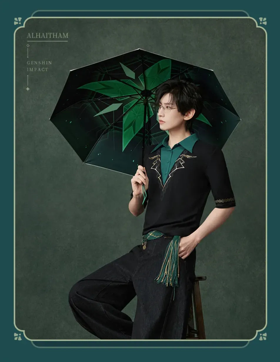 Female model holding Alhaitham umbrella with large emerald inner canopy pattern