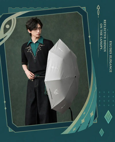 Alhaitham folding umbrella showing emerald inner and reflective silver outer canopy designs