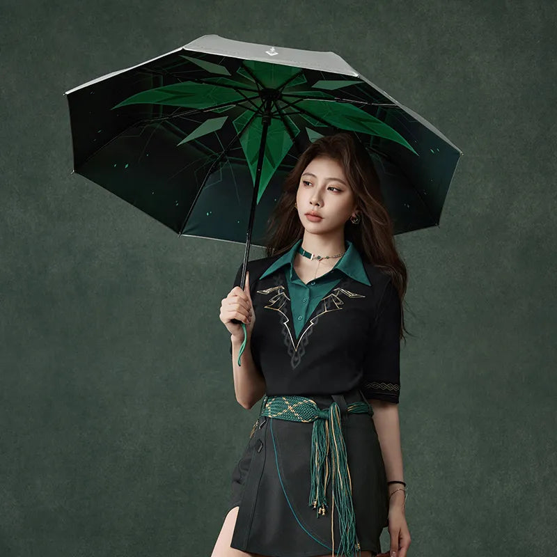 Genshin Impact Alhaitham themed folding umbrella with emerald inner canopy