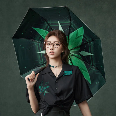 Alhaitham folding umbrella with reflective silver exterior and emerald design