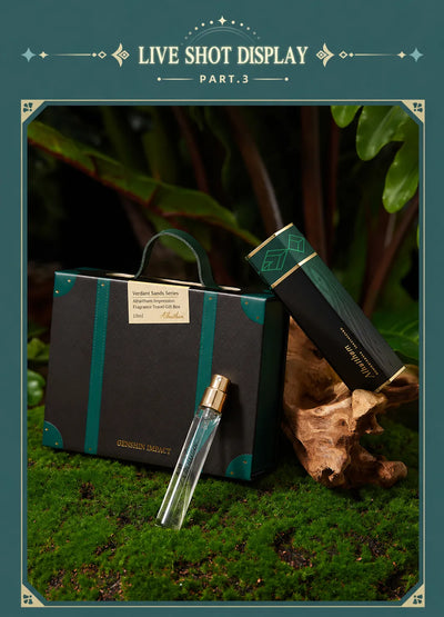 Alhaitham fragrance travel set outer case and bottle matching color theme presentation