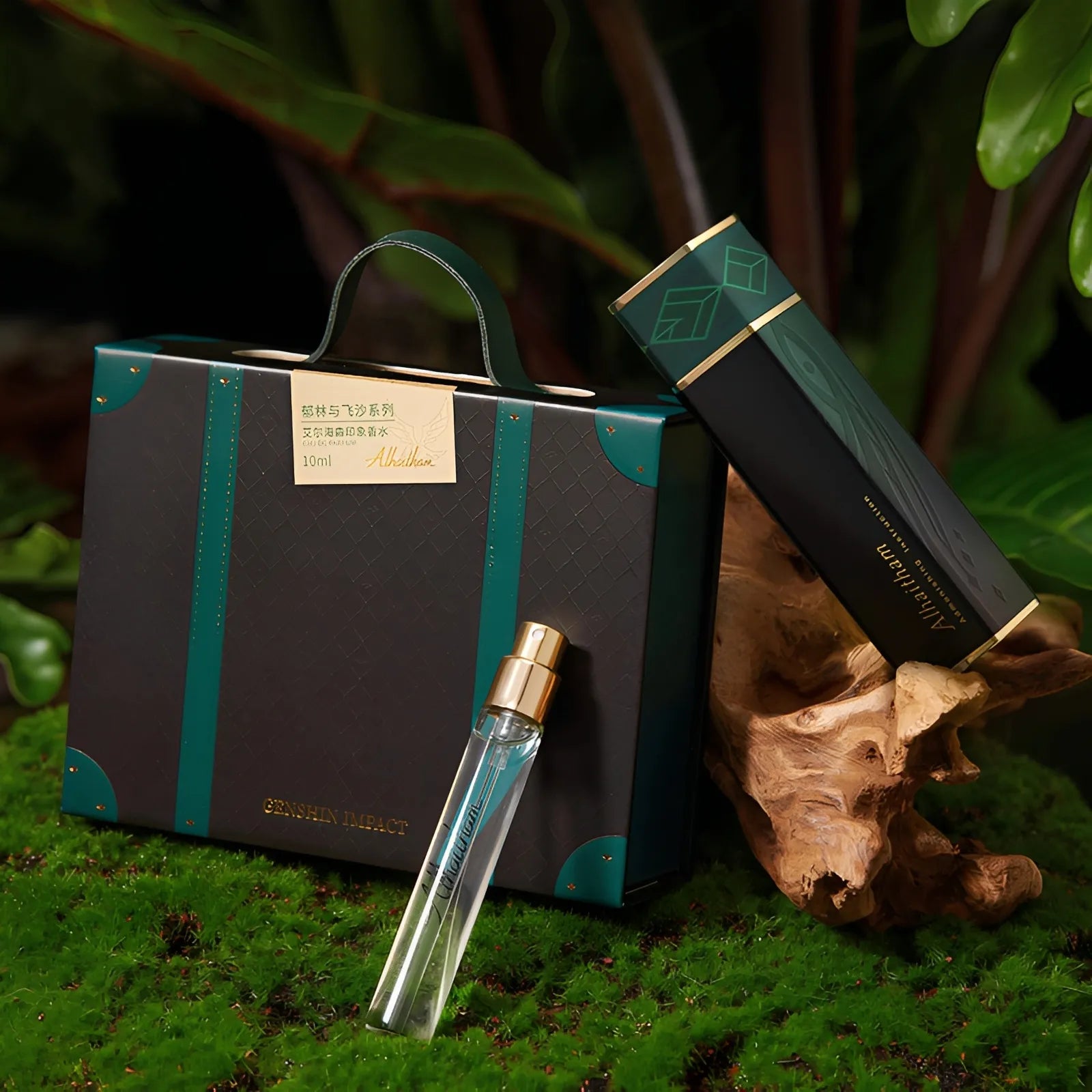 Genshin Alhaitham perfume travel set verdant sands series gift box with bottle and case front display