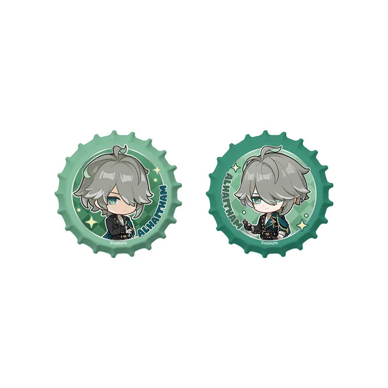 Genshin Impact Alhaitham Resplendent Feast chibi magnetic bottle-cap badge set with collectible character designs
