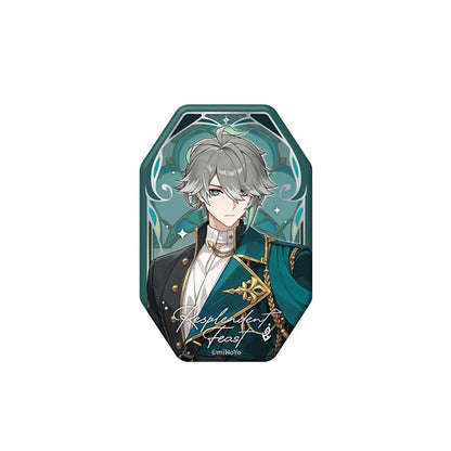 Genshin Impact Alhaitham Resplendent Feast retroreflective badge featuring reflective foil effect and elegant character artwork