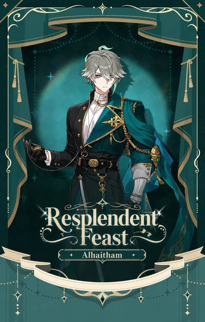 Genshin Impact Alhaitham Resplendent Feast series visual banner with elegant emerald themed artwork