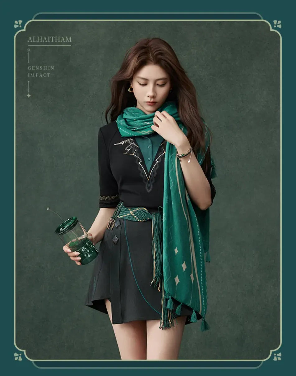 Alhaitham shoulder scarf styled around the waist with multiple wearing options