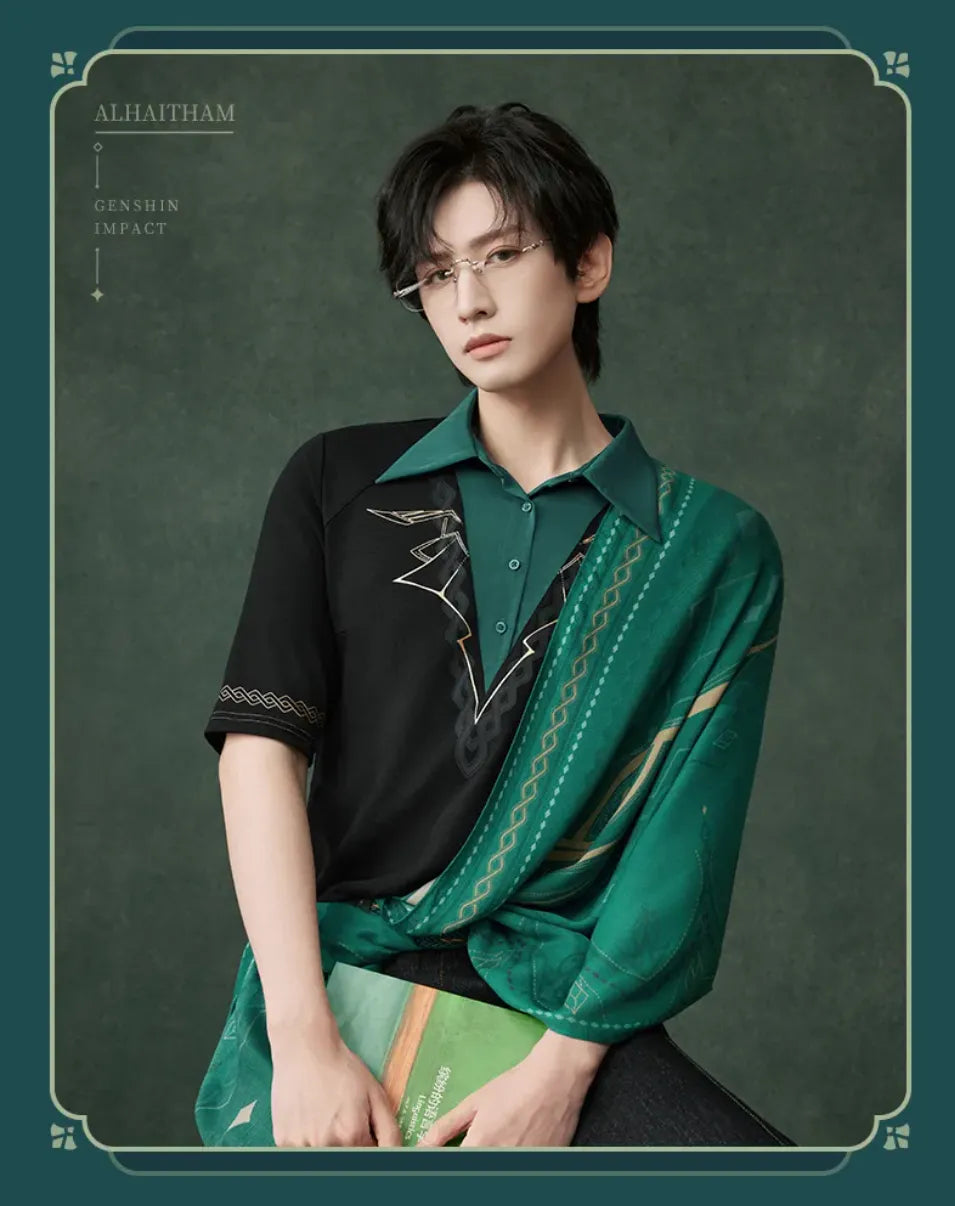 Alhaitham themed shoulder scarf with detailed emerald and gold pattern
