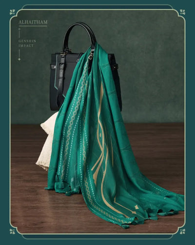 Alhaitham shoulder scarf showing decorative tassels and patterned fabric