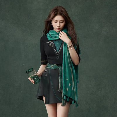 Alhaitham themed emerald shoulder scarf with geometric patterns and tassels
