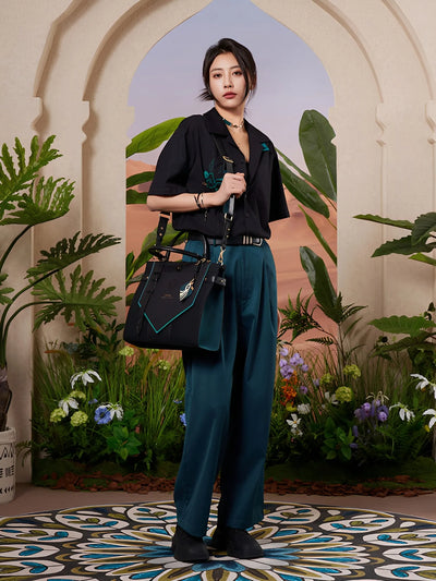 Genshin Alhaitham tote bag full body styling outfit black and green themed look