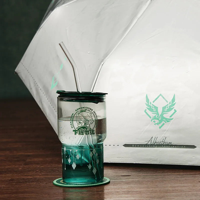 Genshin Impact Alhaitham glass tumbler with lid, straw and PU sleeve