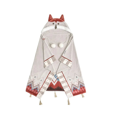 Alyosha themed hooded cape with geometric patterns and tassels on white background