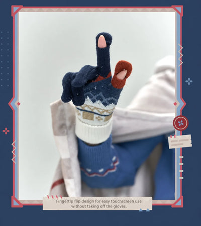 Alyosha knitted gloves showing navy cream tan and red patterned details