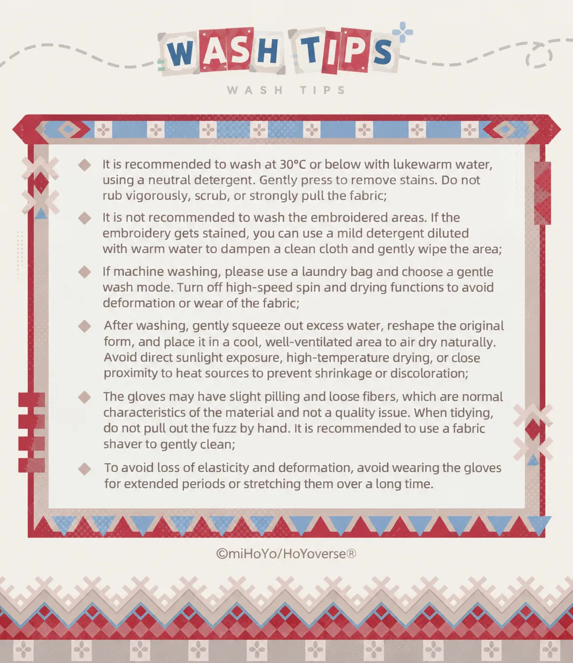Washing and care instructions for Alyosha themed cape and knitted gloves