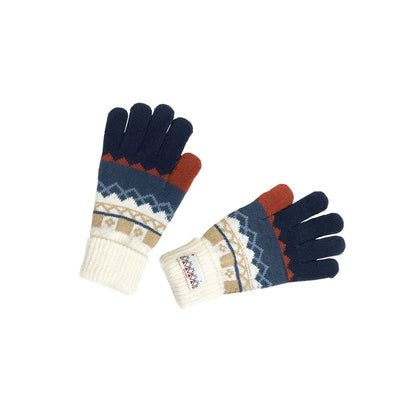 Alyosha themed knitted gloves with Fair Isle-style patterns on white background