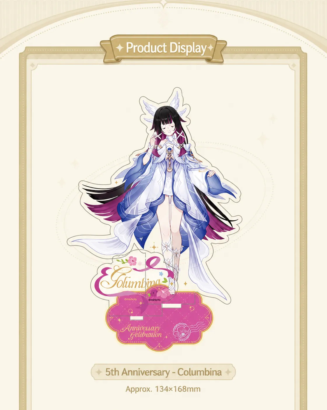 Genshin Impact anniversary acrylic stands with decorative bases and premium printed details