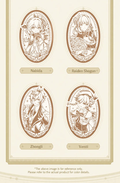 Genshin Impact anniversary character mirror badge series featuring detailed collectible portrait artwork