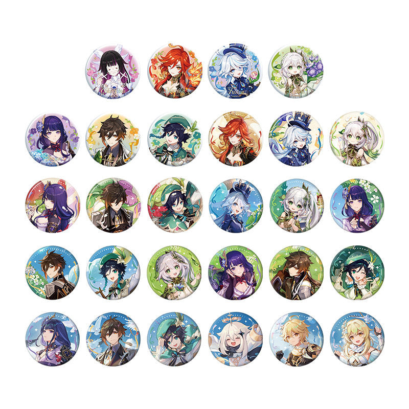Genshin Impact anniversary series character pins collection featuring multiple characters