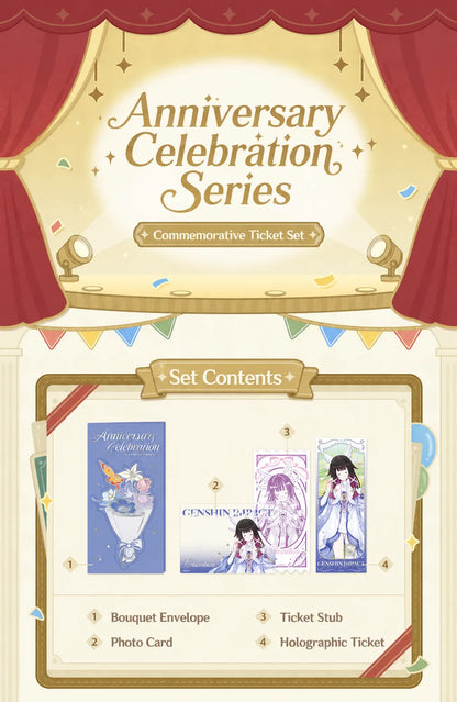 Genshin Anniversary Celebration Series ticket card set display with holographic ticket and photo card collection