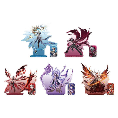 Genshin Impact Apex Clash Series badges and acrylic stands featuring Arlecchino, La Signora, Rerir, Il Dottore, and Raiden Shogun