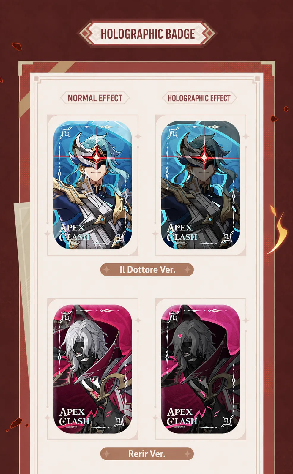 Apex Clash Series holographic badges showing normal and reflective effects