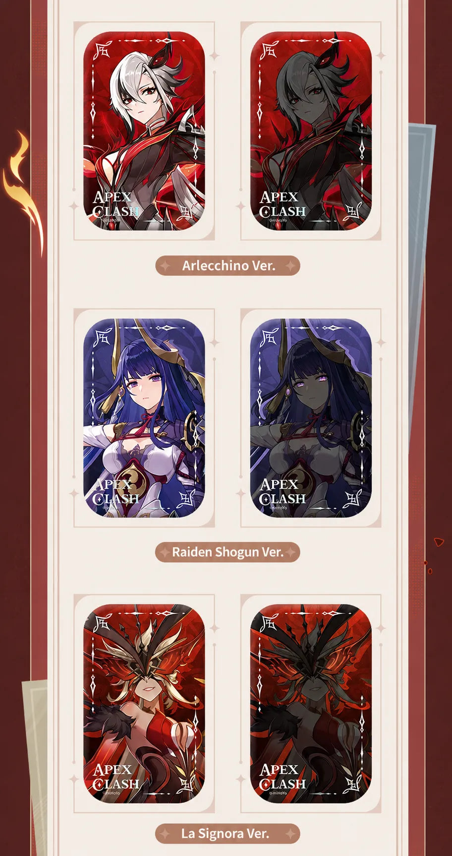 Apex Clash Series Arlecchino, Raiden Shogun, and La Signora holographic badge designs