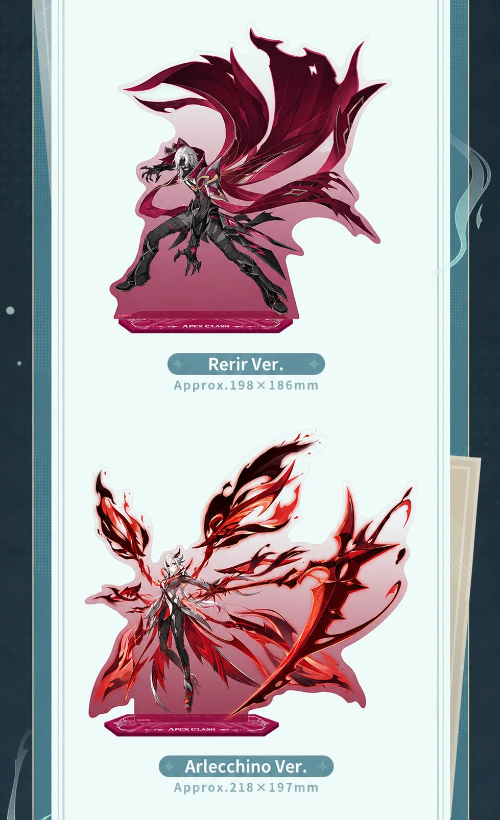 Apex Clash Series Rerir and Arlecchino acrylic stand designs and dimensions
