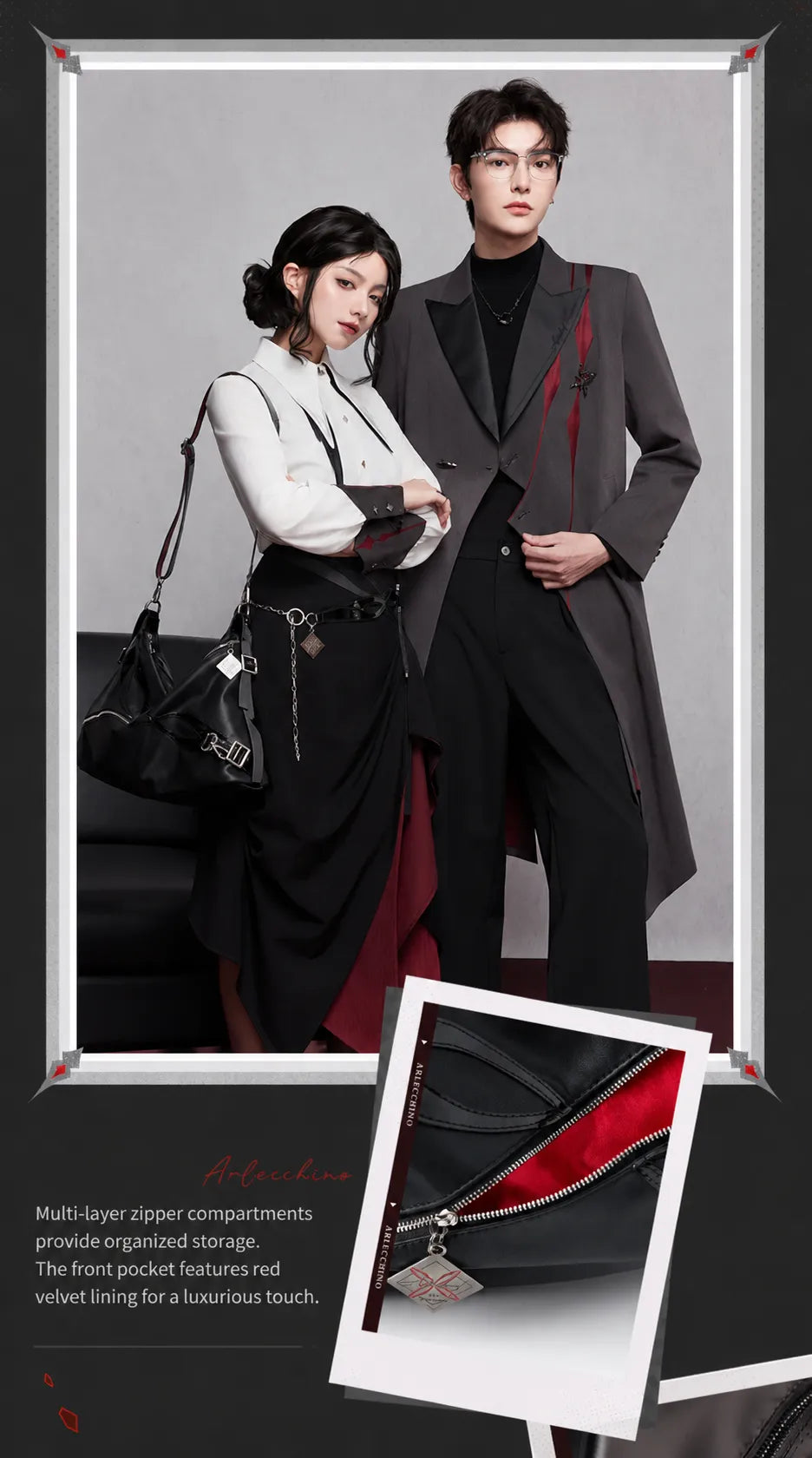 Arlecchino black crossbody bag front and back product display