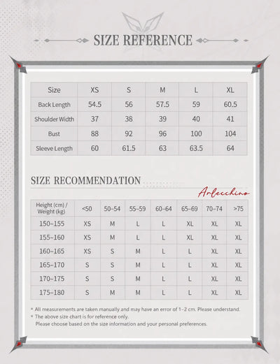 Genshin Impact Arlecchino lace-up waist shirt size chart XS to XL