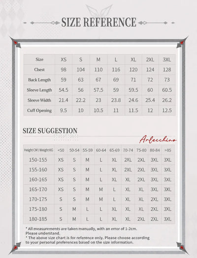 Genshin Impact Arlecchino layered sweatshirt size chart XS to 3XL