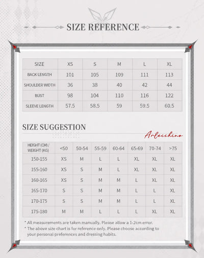 Genshin Impact Arlecchino long coat size chart XS to XL