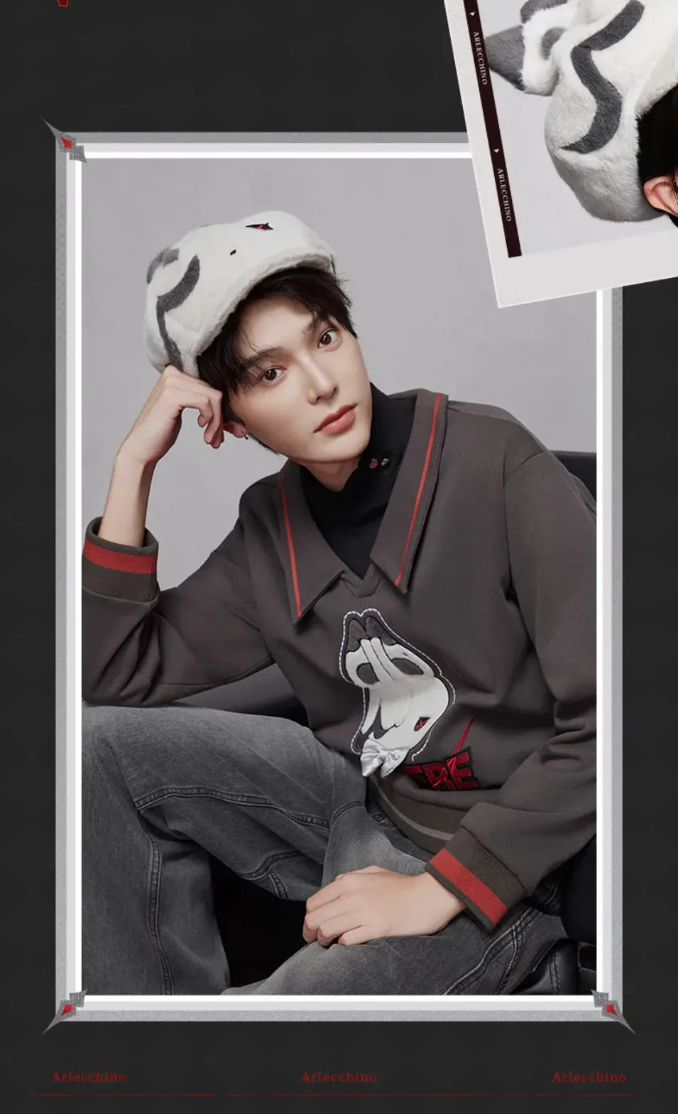 Arlecchino plush beret side panel and decorative details