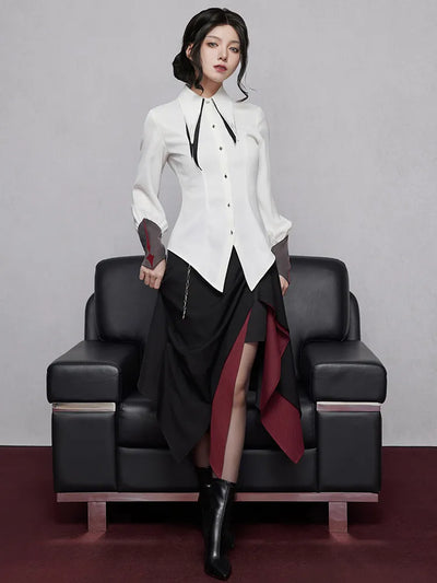 Genshin Impact Arlecchino themed lace-up waist shirt full outfit display