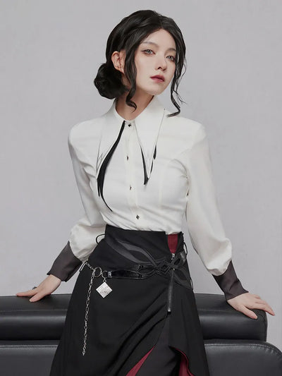 Arlecchino themed white shirt with contrasting cuffs and pointed hem
