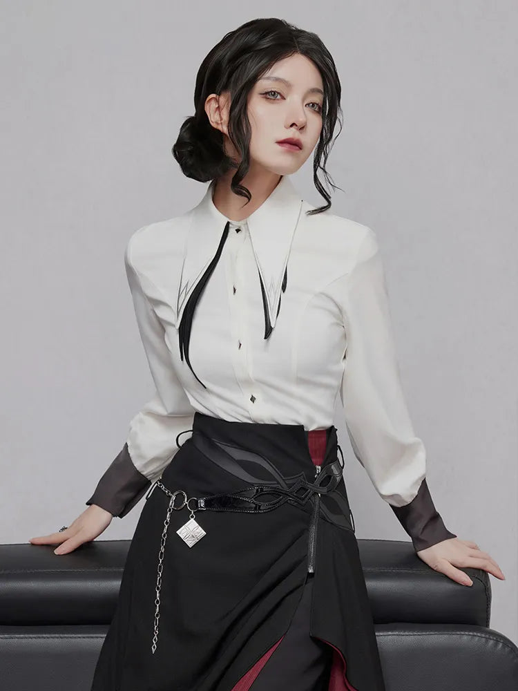 Arlecchino themed white shirt with contrasting cuffs and pointed hem