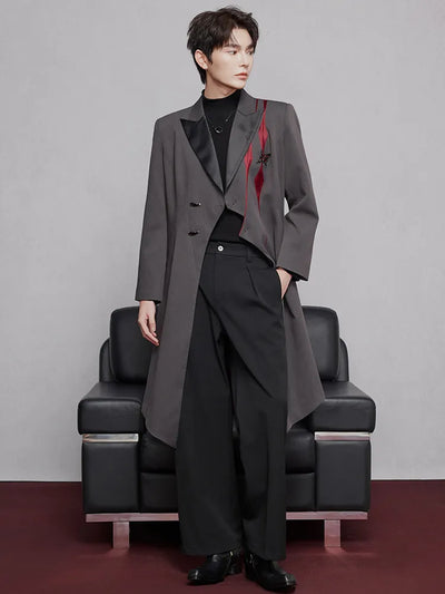 Arlecchino themed charcoal long coat with black satin lapels and red accents