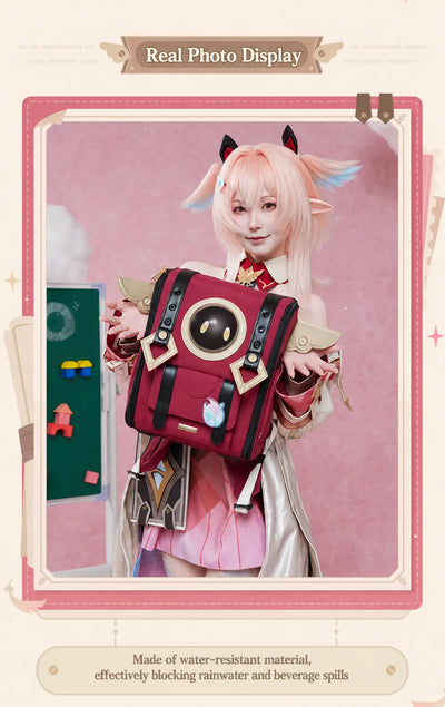 Linnea backpack rear view showing dimensional PU character-themed accessories