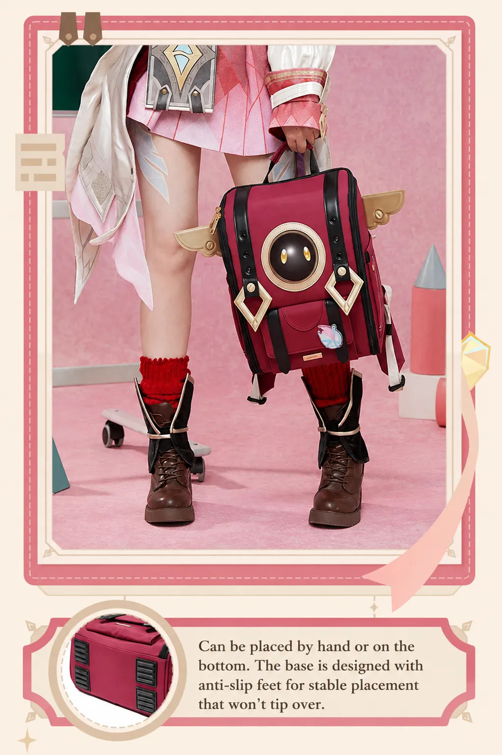 Linnea backpack worn on the back showing its structured shape and character-themed design