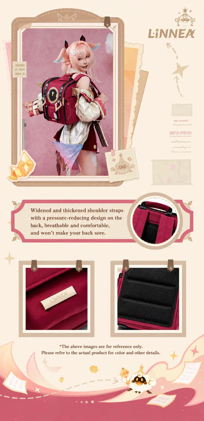 Linnea backpack design details with matching acrylic badge accessories