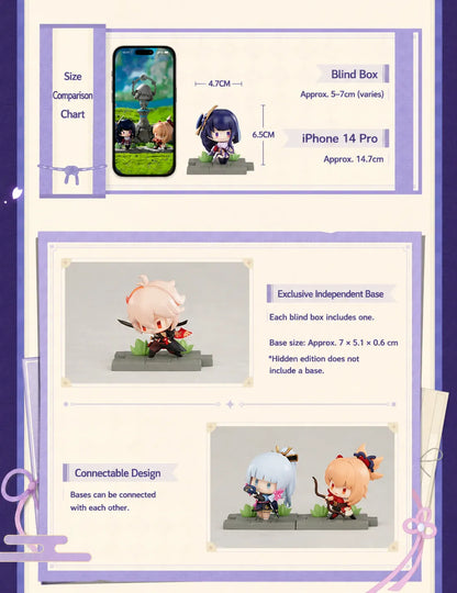 Genshin Impact Battlefield Heroes blind box figures featuring connectable themed display bases