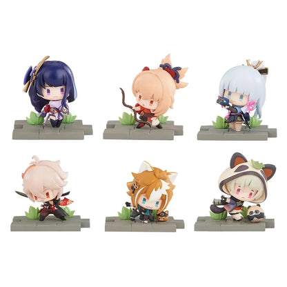 Genshin Battlefield Heroes Inazuma blind box figure collection featuring Raiden Shogun Yoimiya Ayaka Kazuha Gorou and Sayu