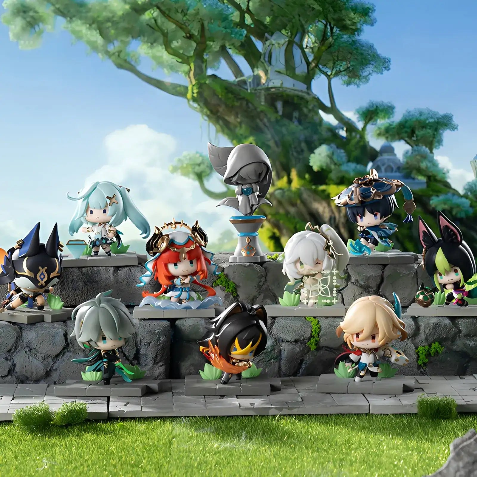 Genshin Impact Battlefield Heroes Sumeru series blind box figures displayed with themed Sumeru scenery