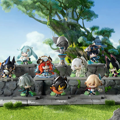 Genshin Impact Battlefield Heroes Sumeru series blind box figures displayed with themed Sumeru scenery