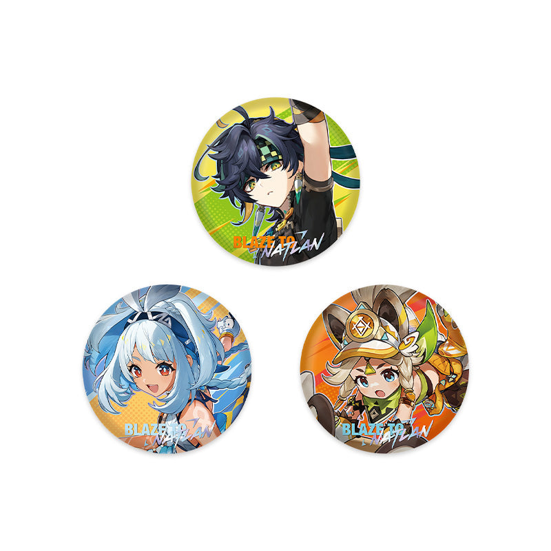 Genshin Impact Blaze to Natlan Series character badge collection with Kinich Mualani and Kachina artwork