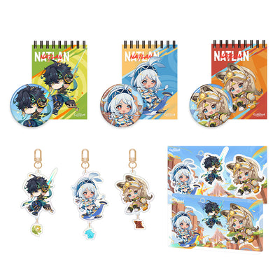 Genshin Blaze to Natlan Series chibi merchandise collection featuring Kinich Mualani and Kachina themed accessories