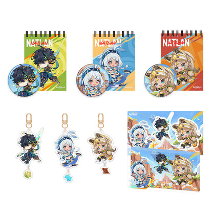 Genshin Blaze to Natlan Series chibi merchandise collection featuring Kinich Mualani and Kachina themed accessories
