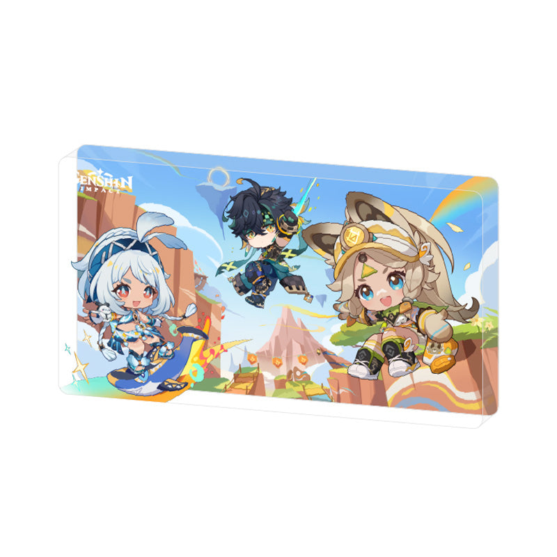 Genshin Impact Blaze to Natlan Series chibi thick acrylic display piece featuring Kinich Mualani and Kachina artwork