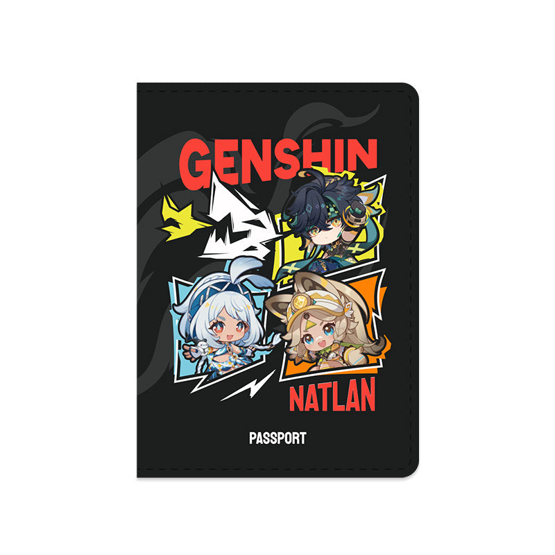 Genshin Impact Blaze to Natlan Series passport holder featuring Mualani Kachina and Kinich themed artwork