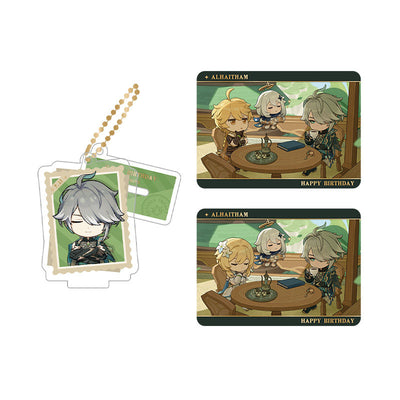 Genshin Impact Alhaitham acrylic standee and collectible card set from Captured Moments series